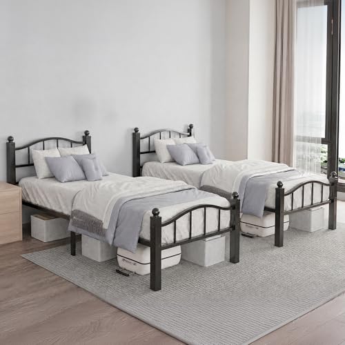 Image of Metal Twin Bed Frames Set of 2 | Noise-Free Design, 12 inch Underbed Storage, Heavy Duty with Headboard, No Box Spring Needed, Tool-Free Assembly