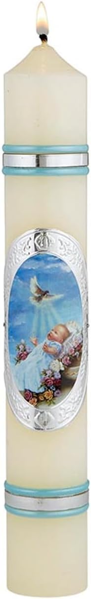 Baptism Candle Boy with Dove Unscented and Smokeless Paraffin Wax Candles for Seasonal Celebration, 1-1/2 Dia. x 9-3/4 Height, Pack of 4