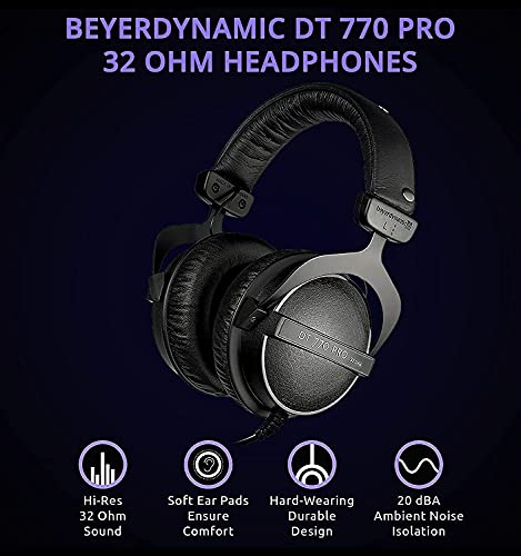 Beyerdynamic Dt 770 Pro 32 Ohm Over-Ear Studio Headphones In Black For Computers And Mobile Phones Bundle With Blucoil Aluminum Dual Suspension Headphone Hanger, And Y Splitter Cable For Audio And Mic #TOP1