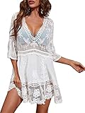 Anna-Kaci Women's Summer Beach Embroidered Floral Lace V Neck Mini Dress Cover Up Swimwear Bathing Suit, White