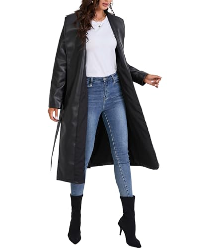 SEMATOMALA Women's Black Faux Leather Long Coat PU Leather Notched Lapel Trench Coat Open Front Maxi Jacket Overcoat2