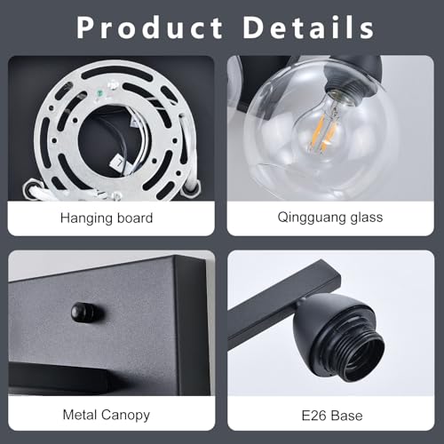 Image of Bathroom Light Fixtures, 1-Light Matte Black Vanity Light with Hand-Blown Globe Glass Shade, High Clarity & Durable, Wall Sconce for Mirror, Kitchen, Bedroom, Hallway-2P