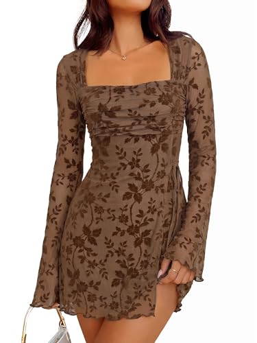 Image of Caracilia Womens Sexy Mesh Ruched Mini Dresses Long Sleeve Square Neck Tie Fall Club Party Cocktail Short Dress 2026 Fashion