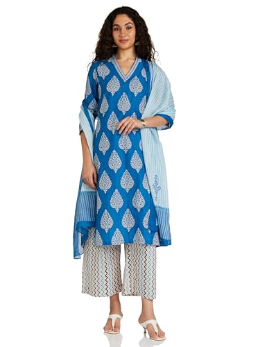 Image of BIBA Women Cotton Straight Printed Kurta Straight Palazzo Suit Set