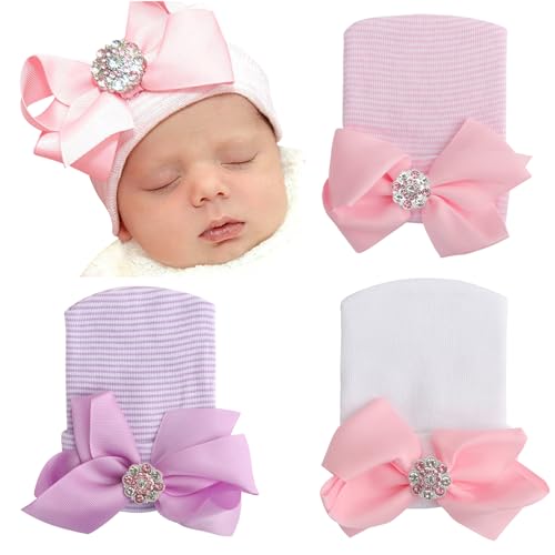 Image of DRESHOW BQUBO Newborn Hospital Hat Infant Baby Hat Cap with Big Bow Soft Cute Knot Nursery Beanie