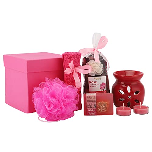 BodyHerbals Rose Soap Spa Gift Set Calming Bath & Body Care Kit For Men & Women (Rose Bathing Bar 100gms, Face Terry Towel, Aroma Diffuser, Rose Potpourri, Bath Puff, 2 Tea Lites) Skin Care Set & Kits