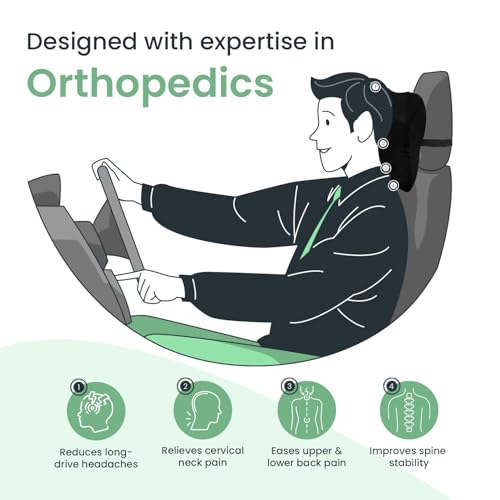 Sleepsia Car Neck Pillow for Head & Cervical Support | 1 Year Warranty | 100% Memory Foam | Ergonomic Car Seat Headrest Cushion – Relieves Neck Pain (Black)