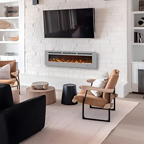 Kentsky 60 Inches Electric Fireplace Inserts, Recessed And Wall Mounted Fireplace Heater, Linear Fireplace W/Thermostat, Touch Screen, Multicolor Flame, Timer, Log & Crystal, 750W/1500W, Grey #TOP6