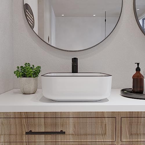 Deervalley 15'' X 15'' Bathroom Sinks, Vessel Sink Square White Ceramic Bathroom Vessel Sinks, Bath Sink Above Counter Vanity Sink Basin Sink Bowl For Bathroom, White Body With Black Trim Dv-1V0033 #TOP6