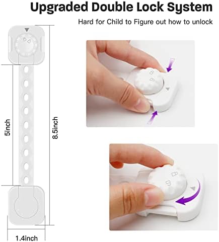 Cupboard Locks for Children, Adjustable Child Safety Locks with Upgraded Adhesive Double Lock System Locks for Cabinets, Drawer, Closet, Fridge, Refrigerator, Trash(6Pack,White)