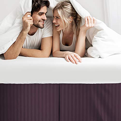 Image of Nestl Queen Bed Skirt - Damask Dobby Stripe Wrap Around Bed Skirt Queen Size - Double Brushed Microfiber 14 in Tailored Drop Pleated Bed Ruffle with Bed Skirt Pins - Purple