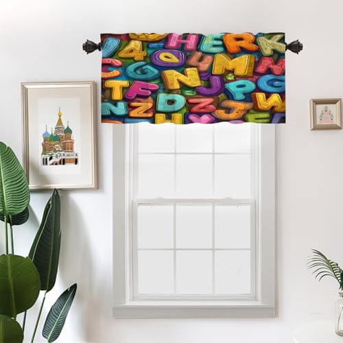 Batmerry Colorful Alphabet Kids Learning Aid Kitchen Curtains, Fun Typography Letter Art Window Treatments Blackout Valance Curtain for Living Room/Bathroom, 2 Pack 52X18 Inches