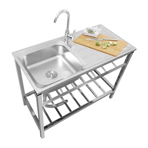 Freestanding Single Bowl Utility Sink,304 Stainless Steel 1 Compartment Kitchen Sinks W/Faucet & Drain,Outdoor Sink for Washing, Commercial Kitchen Prep for Laundry/Backyard/Garage, with Drainboard(Ho