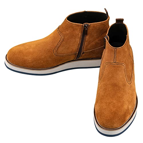 CALTO Men's Invisible Height Increasing Elevator Shoes - Khaki Brown Nubuck Leather Mid-top Zipper Boots - 3 Inches Taller - Y30023- Size 8 D(M) US4