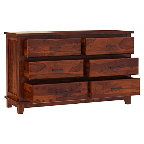 Image of Sheesham Wood Chest of Drawers 6 Drawers Wooden Dresser with Storage Organizer for Bedroom Living Room Home (Honey Finish)