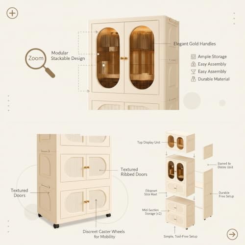 Image of EXVITO Modular Plastic Wardrobe for Bedroom | 1 Tier+3 Bins Foldable Cupboard with Hanging Rod | Stackable Storage Almirah for Clothes with Wheels | Multi-Layer Plastic Storage Cabinet- (Off-White)