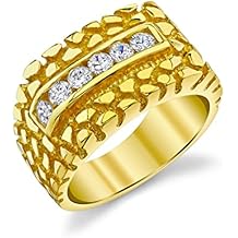 Metal Masters Co. Mens Sterling Silver 925 Goldtone Nugget Wedding Band Engagement Ring Cubic Zirconia CZ 13.5MM