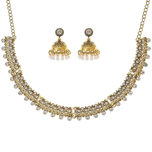 Jhumka-Indian-Jewelry-Sets-for-Women-Kundan-Necklace-Choker Chain Earrings Gold Rhinestones Chain Earrings Oxidized Indian Jewelry Set