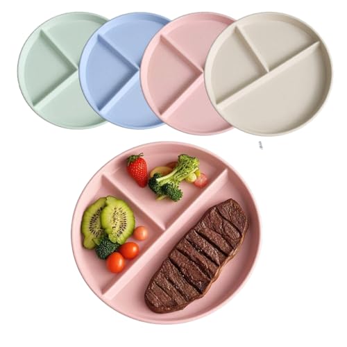 LJYING 9 Inch Divided Dinner Plates 4pcs - Reusable Unbreakable Portion Control Microwave & Dishwasher Safe, Deep Dish Design for Picnics & Diets, Lightweight (Light Colour, 4 Pack)
