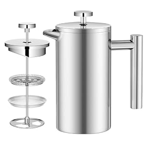 Kaffeebereiter 1000ml, French Press Edelstahl, Kaffeepresse 8 Tassen mit 3 Edelstahlfilter System, Doppelwandige Isolierte Kaffeekanne und Teebereiter für Halloween Weihnachten, Silber