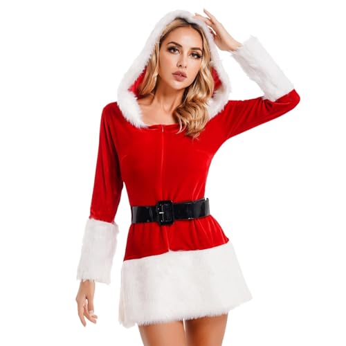 Leonshco Weihnachtskleid Damen, Weihnachtskostüm Damen mit Kapuze Verstellbarem Bund, Weihnachtsoutfit, Weihnachten Kleid, Sexy-Pyjama,...