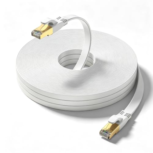 Ohmvolta Cat 8 Ethernet Cable 10m White High-Speed 40Gbps 2000Mhz Lan Internet Cable Gold Plated RJ45 Connector Outdoor Indoor Flat S/FTP Patch Cord for Gaming Router Modem Faster Than Cat7 Cat6 Cat5