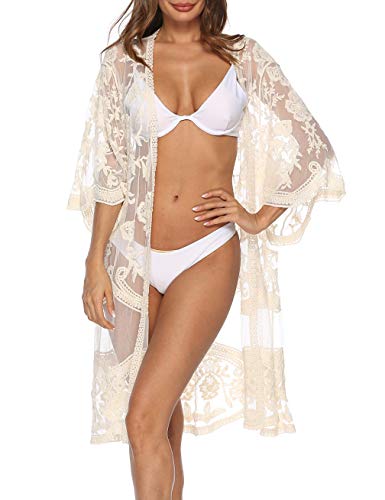 Women's Lace Cardigan Floral Crochet Sheer Beach Cover Ups Long Open Kimono4