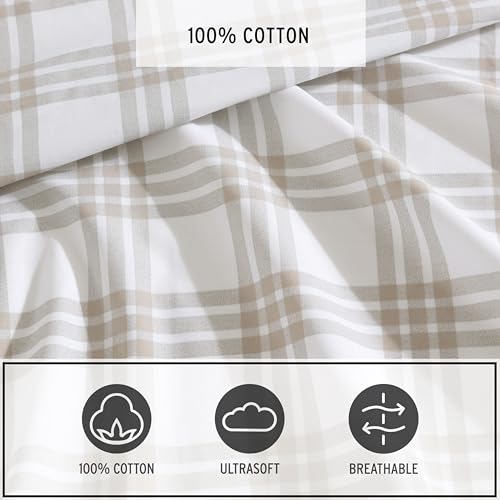 Image of Eddie Bauer - Twin Sheet Set, Cotton Percale Bedding Set, Super Soft and Bedding Set, Oeko-Tex Certified (Basic Plaid Beige, Twin)