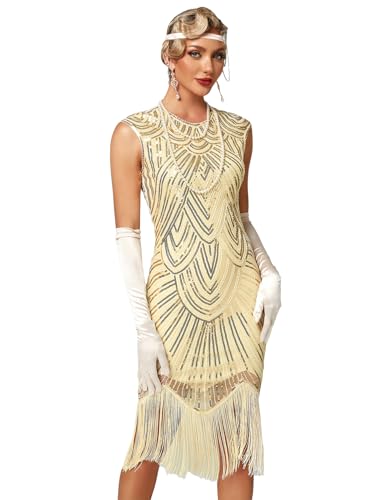 Viloree Femmes Robe de 1920s Pailleté Embelli Frange Flapper Robe Jazz Charleston Great Gatsby Dress Beige S