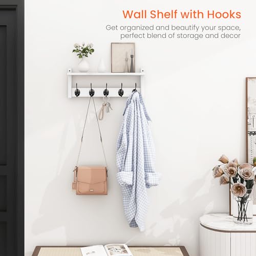 Image of Homode Wall Shelf with Hooks, Coat Rack Wall Mount with Pegs, Hanging Entryway Coat Hanger, Wood and Iron Shelf for Bathroom, Hallway, Bedroom, White
