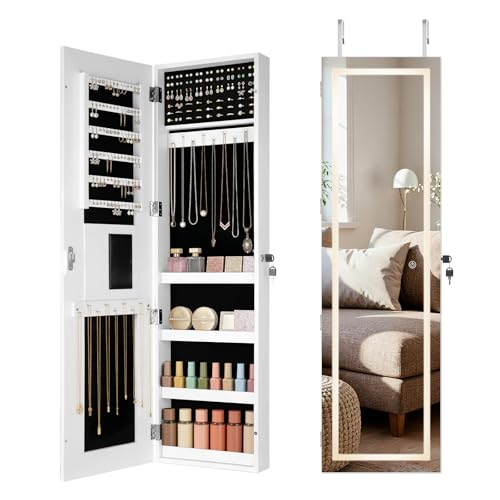 EDIMENS Mirror Jewelry Cabinets Led Full Length Mirror Door Hanging/Wall Mounted Jewelry Armoire Large Storage Bedroom Lockable Cosmetics Jewellery Organiser (White Square- Exterior Full Light)