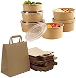 HOT BARGAINS 50 X 38oz Disposable Salad Bowls with Lids + 50 Large Brown Paper Bags (26x14x29cm) Takeaway Eco Friendly (38oz)