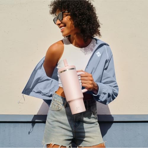 Image of 40 oz Tumbler with Handle and Straw: Stainless Steel Insulated Tumbler Keeps Cold for 24 Hours, Leakproof Travel Cup Fits in Cup Holder and BPA-Free, Cotton Candy