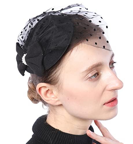 Coolwife Fascinator Hats Pillbox Hat British Bowler Hat Flower Veil Wedding Hat Tea Party Hat (E Black) #TOP2