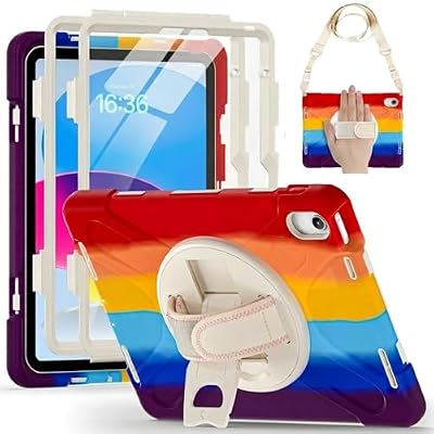 Shockproof Case for iPad A16 10th 2022 /11th 2025 Generation [2 Front Frames] Rugged Cover with 360° Rotatable One-Click Reset Stand & Velcro Hand Strap (Integrated Pencil Holder), Colourful Red