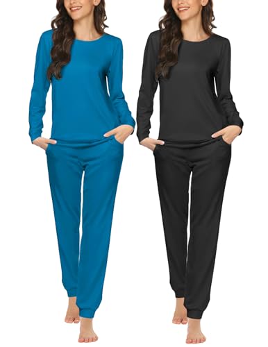 Image of Ekouaer 2 Pack Pajama Sets for Women,Long Sleeve Top With Jogger Pants Lounge Set Sleepwear with Pockets
