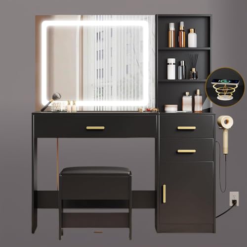 DWVO 45" W Vanity Desk w/Wireless Charging Station & Power Outlet, Vanity Mirror w/Lights Table Set with 4 Drawers, Vanity Set 3 Lighting Modes Brightness Adjustable for Bedroom Studio