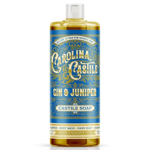 Image of Carolina Castile Soap Gin & Juniper Scented - Certified Organic Base, High Olive Oil Content, Non-Drying, Made with Organic Oils, Concentrated Body Wash for Men (Gin & Juniper, 32 Fl Oz)
