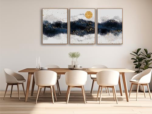 Misty Forest Mountain Wall Art - Natural Framed Abstract Canvas Picture Indigo Painting Sunset Artwork Modern Canvas Prints for Living Room Bedroom Office Home Decor 50 x 70cm * 3 Navy Blue Grey by yearainn - Image 5