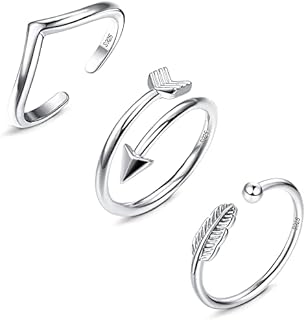 KRFY 3Pcs Sterling Silver Rings for Women Men Adjustable Rings Knuckle Thumb Stackable Rings for Women, 18K White Gold Plated Arrow Feather Band Ring Simple Open Rings Set for Girls