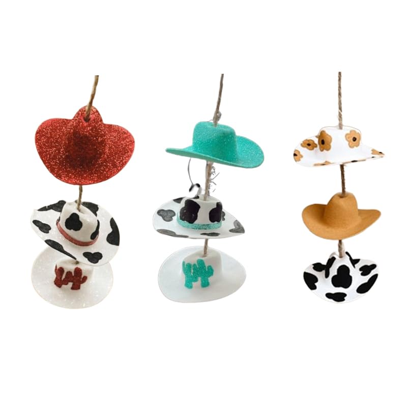 SAVILA Cowboy Hat Car Charm, Handmade Cowboy Hat Print Car Hanging Ornament, Rearview Mirror Decoration and Car Rear View Mirrior Hanging Accessories, Suitable for All Cars (3PCS)