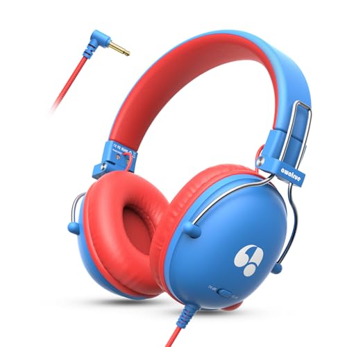 awatrue Kinder Kopfhörer, Kopfhörer Kinder mit Kabel, 74/85dB Lautstärkegrenze, Stereo Sound, HD-Ton, Faltbare Over Ear Kinderkopfhörer für Schule/Tablet/PC (Blau Rot)