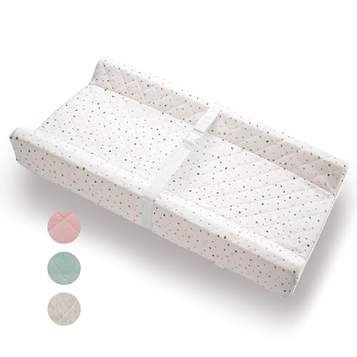 Organic Cotton Contoured Baby Changing Pad w/Waterproof Foam Mattress, Includes Soft, Removable & Washable Cover, Safety Strap, Non-Slip Bottom, Topper for Standard Size Infant Diaper Table & Dresser