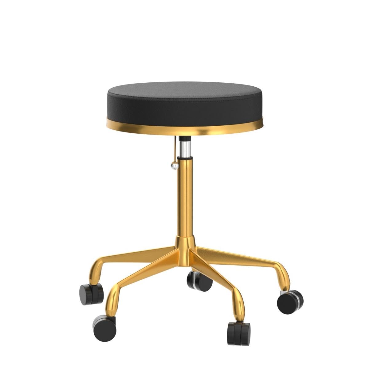 ACTIVESHOP Kosmetikhocker Hocker Schwarz Gold Metall Kunstleder Sitz H4 Höhe 47-60 cm Breite 33 cm Rollhocker Drehhocker Arbeitshocker Kosmetikstuhl Friseurhocker Klassisch Tufted