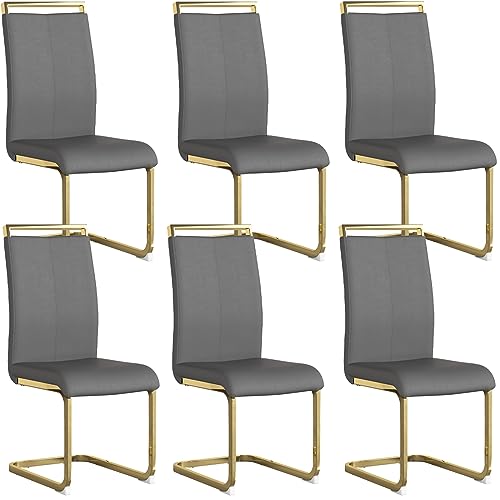 Image of Baysitone Modern Dining Chairs Set of 6, Side & Kitchen Chairs with Gold Frame, Faux Leather Padded Seat High Back, for Dining, Kitchen & Living Room - Dark Grey
