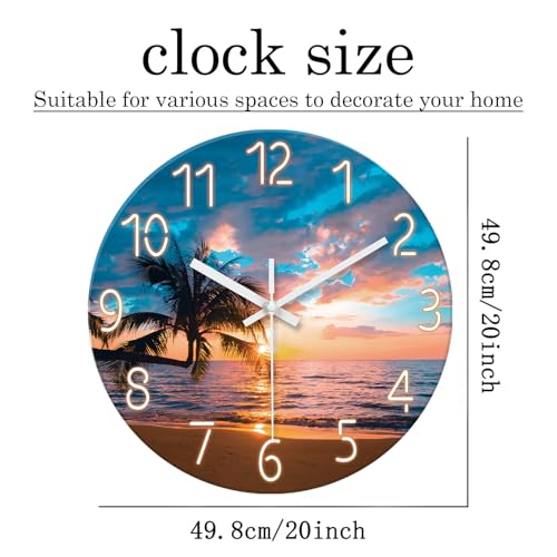 Image of XFM Blue Beach Wall Clocks Battery Operated 20 Inch Palm Tree | Sunset Coastal Modern Glass Decorative for Living Room Bedroom Kitchen Office Silent Non Ticking