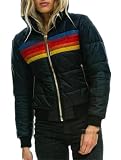 Women Retro Rainbow Stripe Puffer Jacket Hooded Short Winter Coat