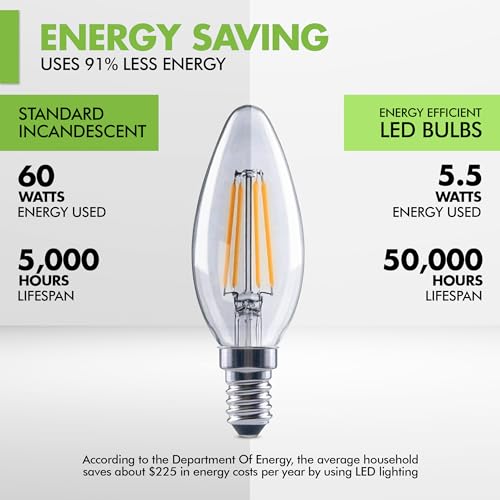 Image of KOR E12 Candelabra Bulbs, 12 Pack, Dimmable LED Candle Bulb, 60W Equivalent, 500 Lumens, 5.5W, 2700K Warm White, UL Listed, Vintage B11 Clear Glass Filament Light Bulbs for Chandelier, Ceiling Fans