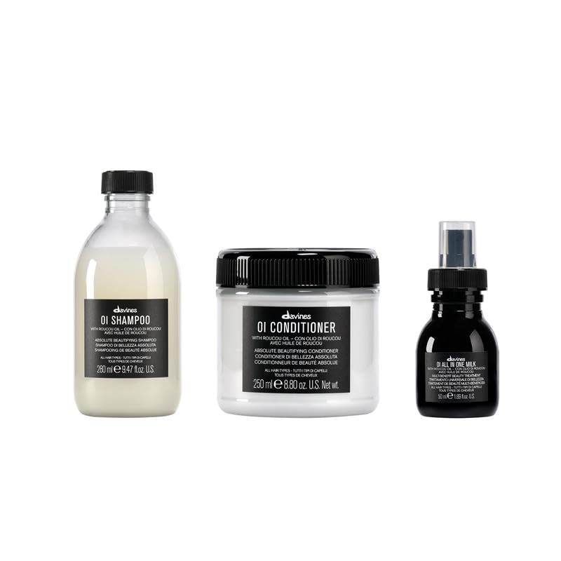 Davines OI Softness & Shine Routine Hair Gift Set with the OI Shampoo OI Conditioner and OI All In One Milk Protects Structure & Adds Shine with Antioxidant Roucou Oil