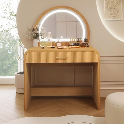 Image of JIVOIT 39 inch Vanity Table with Mirror, Makeup Vanity Table with Removable Mirror, Dressing Table with Drawer, Curved Edges and Elegant Design, Modern Dressing Table Desk for Bedroom